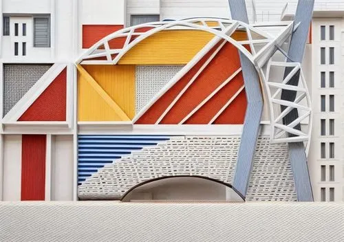 frontal composition of geometric shapes, lines on the theme of a bridge in the city,an image of a building with many shapes,melnikov,paolozzi,mvrdv,hejduk,niemeyer,docomomo,Common,Common,None