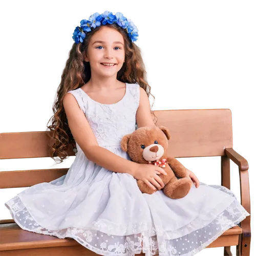 Childhood memories, little girl (6yo), curly brown hair, bright smile, freckles on cheeks, white dress with blue flowers, holding stuffed animal, sitting on wooden bench, warm sunlight, soft focus, sh