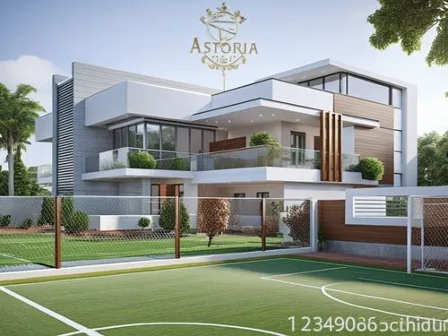 modern house, modern architecture, football field, tress in background, realistic, daylight,vastu,residencial,holiday villa,luxury property,modern house,vijaywada,luxury home,floorplan home,yelahanka,