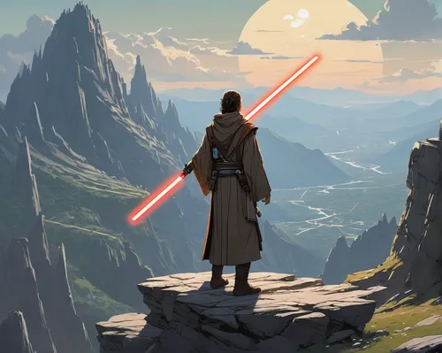 lightsaber,obi-wan kenobi,jedi,cg artwork,luke skywalker,the wanderer,maul,laser sword,cloak,wanderer,republic,concept art,light bearer,star wars,sci fiction illustration,beacon,guards of the canyon,starwars,digital compositing,monk,Illustration,Realistic Fantasy,Realistic Fantasy 12