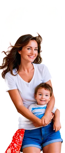 Son riding mom, happy child, smiling face, messy brown hair, bright curious eyes, white shirt, blue shorts, mother's arms around him, gentle loving expression, soft skin tone, natural morning light, w