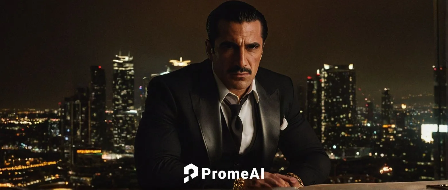 Mafia boss, Kezarian, mature man, 40yo, rugged facial features, sharp jawline, piercing brown eyes, slicked back black hair, gold chain necklace, three-piece suit, white shirt, black tie, leather glov