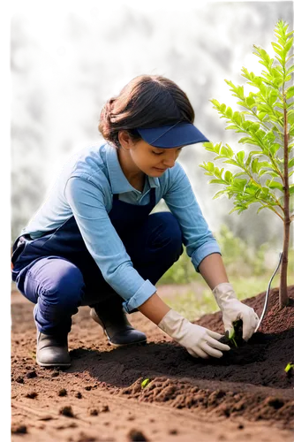 Young gardener, kneeling, planting tree, greenery surroundings, gardening gloves, brown soil, small sapling, gentle hands, warm sunlight, shallow depth of field, soft focus, cinematic composition, nat