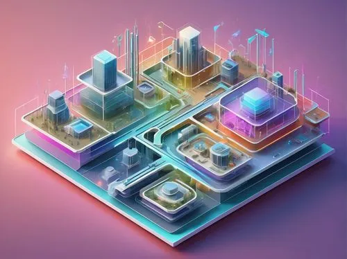 System architecture diagram, detailed illustration, modern minimalistic style, simple clean lines, pastel colors, 3D visual elements, subtle gradients, futuristic ambiance, dimmed background, spotligh