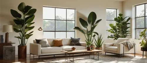 Modern living room, indoor houseplants, various sizes, fiddle leaf fig, snake plant, spider plant, aloe vera, potted plants on wooden floor, minimalist decor, natural light streaming through large win