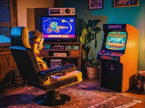 retro gaming setup, Dreamcast console, emulation station, vintage TV, gaming chair, controller with wire, CD stack, nostalgic room decor, posters of classic games, ambient lighting, CRT monitor, detai