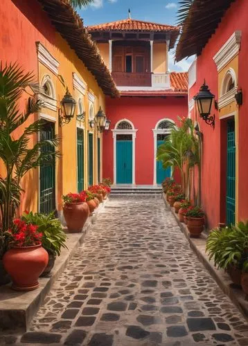 Colonial architecture, Honduras style, colorful buildings, ornate decorations, wooden doors, intricate carvings, red-tiled roofs, vibrant flowers, lush greenery, palm trees, cobblestone streets, old l