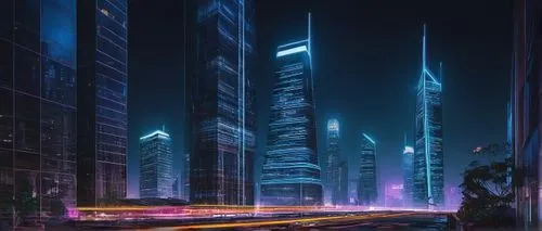 Disconnected architecture, ADO.NET, futuristic building, complex structure, sleek lines, metallic materials, glass façade, neon lights, urban cityscape, nighttime, misty atmosphere, distant skyscraper