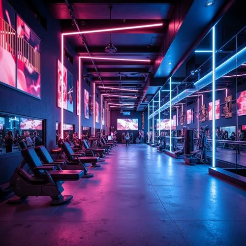 Neon-lit futuristic fitness club, metallic surfaces, glossy chrome accents, LED light strips, holographic displays, sleek glass walls, minimalist interior design, high-tech exercise equipment, virtual