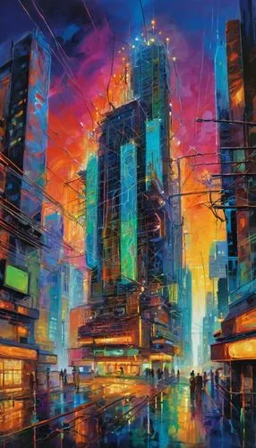 cybercity,cityscape,colorful city,cyberpunk,cybertown,metropolis,shinjuku,tsuneo,tokyo city,fantasy city,futuristic landscape,kinkade,hypermodern,cyberport,skyscrapers,sky city,guangzhou,cyberworld,sedensky,cyberscene,Conceptual Art,Oil color,Oil Color 20