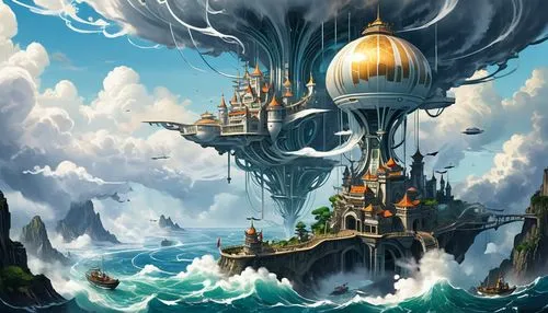 sea fantasy,waterglobe,galleon ship,airships,galleon,fantasy art,fantasy picture,fantasy landscape,pirate ship,caravel,fantasy world,sea sailing ship,heroic fantasy,floating island,maelstrom,airship,house of the sea,water castle,atlantis,world digital painting,Conceptual Art,Sci-Fi,Sci-Fi 24