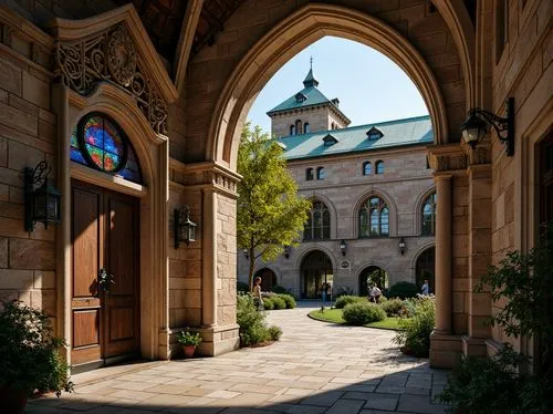 Intricate stone carvings, ornate wooden doors, grandiose entrance arches, vibrant stained glass windows, eclectic mix of Gothic and Romanesque styles, rustic monastery walls, serene courtyard gardens,