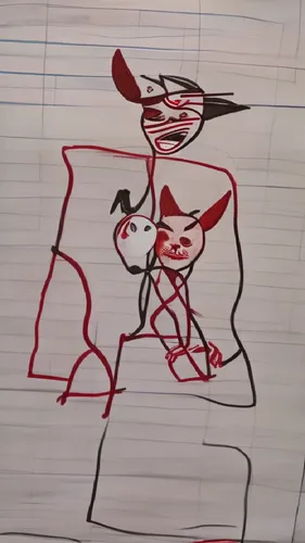 This being dancing the floss, then allows apart into 2 beings, one red and one black,The Devil Angel,children drawing,red pen,dry erase,storyboarded,to draw,jad