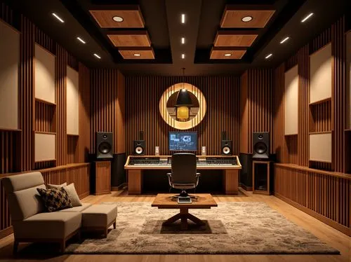 Soundproof recording studio, wooden acoustic panels, diffusers, bass traps, sound-absorbing materials, minimal echo, optimal reverberation time, precise sound wave diffusion, warm ambient lighting, co