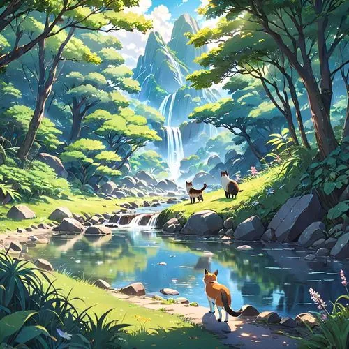 ash falls,mountain spring,waterfall,water falls,a small waterfall,fairy world,waterfalls,the brook,streams,crescent spring,water fall,hot spring,water spring,falls,mountain stream,clear stream,koi pond,bird kingdom,studio ghibli,stream,Anime,Anime,Realistic