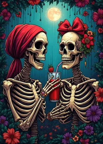 A vibrant and intricate digital illustration combining two detailed skeleton portraits. The first skeleton figure wears a red headscarf, ornate jewelry, and sips a drink with a straw. The second skele