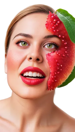 Crunchy apple, close-up, macro shot, shallow depth of field, bright lighting, morning dew, fresh green leaves, juicy red skin, white teeth, lips apart, facial expression, surprised eyes, head tilted b