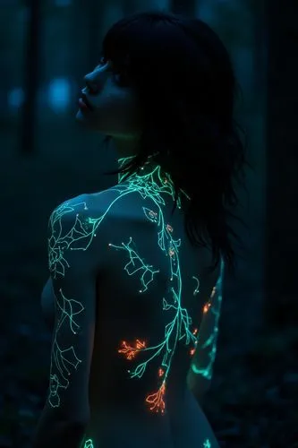 neon body painting,bodypaint,bodypainting,glowing antlers,bioluminescent,body painting,Illustration,Realistic Fantasy,Realistic Fantasy 28