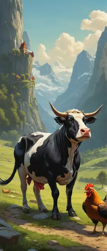 barnyard,livestock,oxen,farm animals,livestock farming,mountain cows,chicken yard,landfowl,chicken farm,cockerel,farmyard,cows,skylander giants,chickens,cow-goat family,oxpecker,chicken 65,two cows,farm animal,ferdinand,Art,Classical Oil Painting,Classical Oil Painting 24