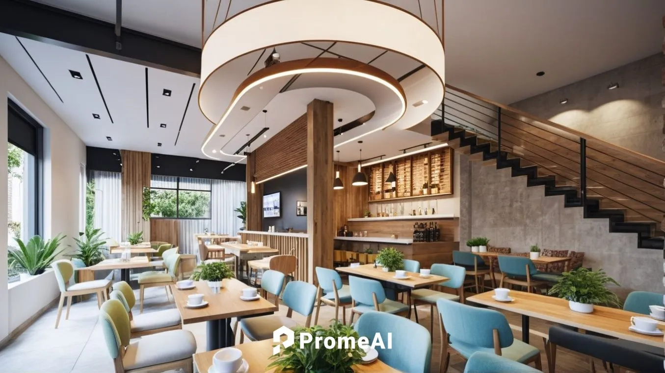 Generate a sketch of a modern coffee shop interior. The space should feature a cozy, minimalist design with warm lighting. Include wooden tables, comfortable seating areas with cushions, and a counter