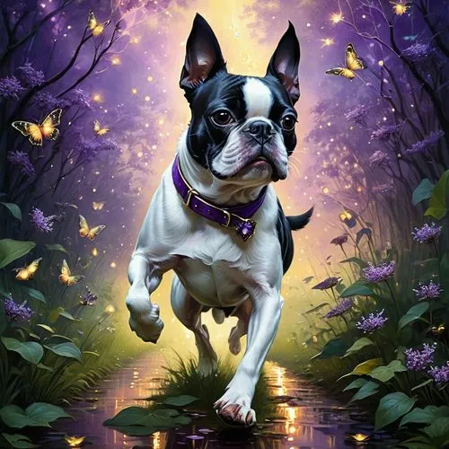 Boston Terrier wearing a purple collar running around trying to catch fireflies ,a painting of a dog with erflies flying around him,rat terrier,purple background,milka,the french bulldog,dog angel,fan