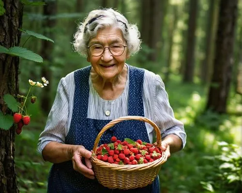 Granny, elderly lady, holding basket, picking wild strawberries, blueberries, raspberries, in a lush green forest, surrounded by tall trees, sun-dappled lighting, warm atmosphere, floral patterned dre