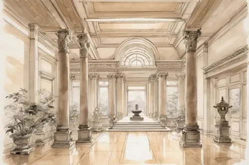 cochere,marble palace,neoclassical,ballroom,columns,ballrooms,wedding hall,enfilade,pillars,entrance hall,colonnades,neoclassicism,neoclassicist,palladian,neoclassic,gustavian,celsus library,archly,villa cortine palace,salone,Illustration,Paper based,Paper Based 30