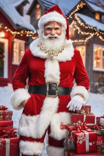 Naughty Santa Claus, male, gay, festive red suit, white fur trim, shiny black boots, jolly face, rosy cheeks, thick white eyebrows, sly smile, holding a mistletoe, surrounded by Christmas decorations,