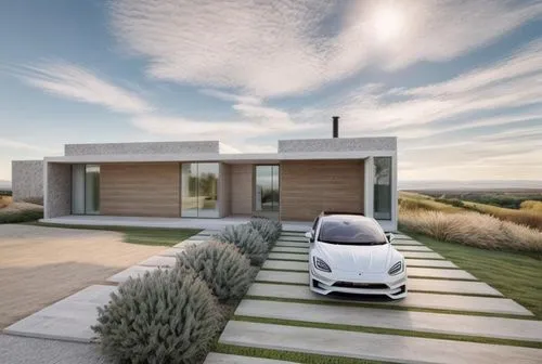 Respetar la imagen original
paisaje campo silvestre,a very small home with a white car parked outside,smart house,smart home,netzero,electric mobility,electrohome,cleantech,Common,Common,Photography