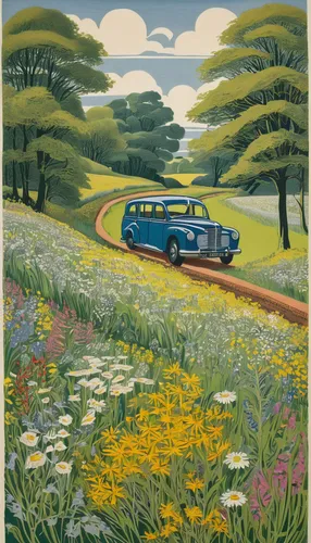 travel poster,campervan,vwbus,flower car,travel trailer poster,illustration of a car,volkswagenbus,vw bus,caravanning,suitcase in field,vintage illustration,camper van,camper van isolated,blooming field,vw van,camping car,wildflower meadow,meadow in pastel,rural landscape,motorhomes,Art,Artistic Painting,Artistic Painting 50