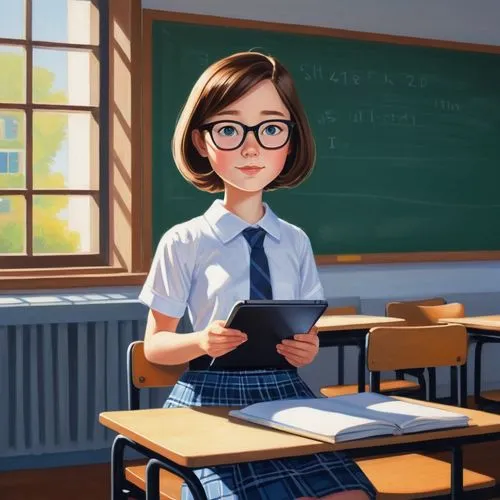 girl studying,teacher,reading glasses,tutor,academic,girl drawing,school items,student,sci fiction illustration,librarian,schoolgirl,kids glasses,classroom,study,girl with speech bubble,primary school student,school skirt,school start,professor,tutoring,Conceptual Art,Oil color,Oil Color 13