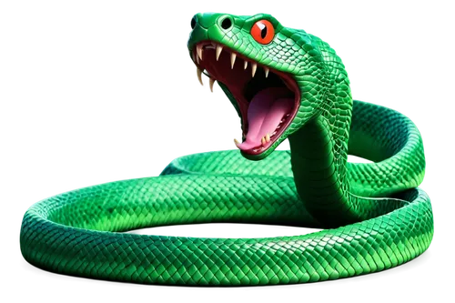 Slithering snake, scaly skin, forked tongue, sharp fangs, venomous eyes, coiled body, vibrant green color, shiny texture, metallic sheen, dynamic pose, twisting motion, 3D rendering, cinematic lightin