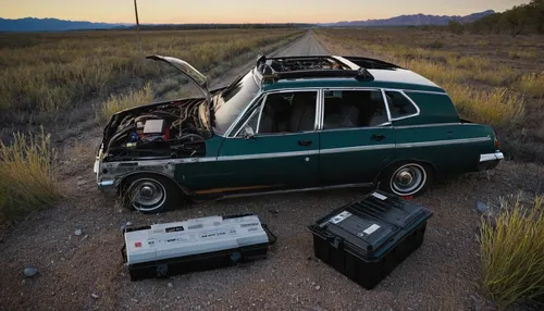 During a thrilling high-speed chase, a detective's car battery dies, leaving them stranded in the middle of nowhere.,station wagon-station wagon,camping car,geo metro,t-model station wagon,camper van 