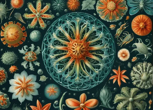 marine invertebrates,cnidaria,coral,coral reef,fruits of the sea,deep sea nautilus,the bottom of the sea,cnidarian,jellyfish collage,sea-life,mandala,mitochondrion,ocean floor,echinoderm,coral-spot,kaleidoscope,corals,nautilus,star anemone,floral ornament,Illustration,Retro,Retro 24