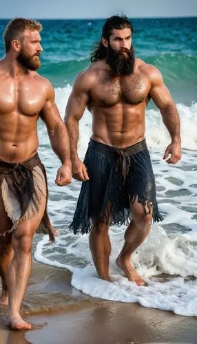 A gorgeous dark bearded 32 years old Viking god  with great powerful muscles and a giant powerful greek god wrestling. Their wet, tight, silk t-slips are teared. Their tanned bodies shining on the sun