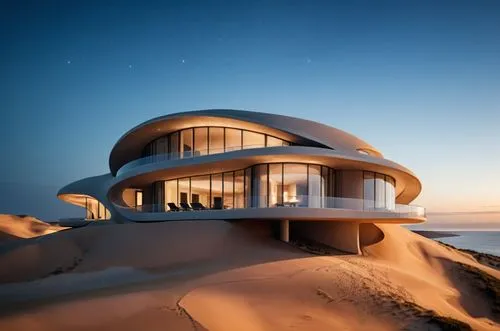 Sand dunes by the ocean, sand colored finish,a building in the desert with some sand,dunes house,admer dune,dune ridge,crescent dunes,dune landscape,futuristic architecture,Photography,General,Cinemat