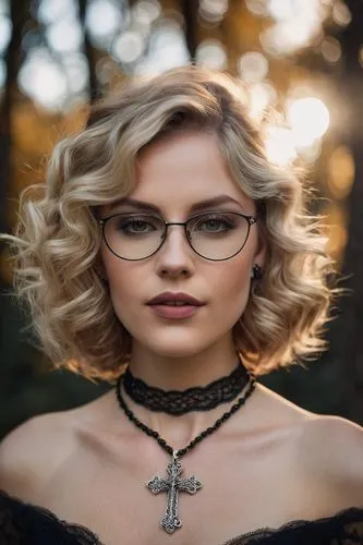 silver framed glasses,librarian,gothic portrait,with glasses,lace round frames,necklace with winged heart,Photography,General,Cinematic