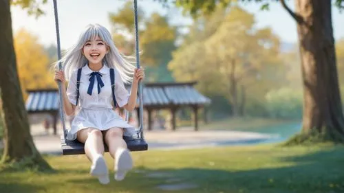 a girl with long hair and a dress sits on a swing,longmei,zhui,kokoro,kantai collection sailor,ayanami,tianyi