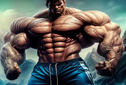 A hyper super-heavyweight bodybuilder with thick, protruding, well-defined abs, biceps and torso flexing. Awe-inspiring!,namor,muscle man,baki,body building