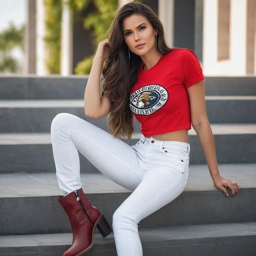 social,girl in t-shirt,white and red,tshirt,rose white and red,ladies clothes,female model,high jeans,women fashion,patriot,cowboy boots,women clothes,women's clothing,white boots,red white,menswear for women,plus-size model,georgia,red russian,liberty cotton,Photography,General,Realistic