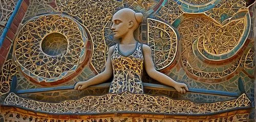 artistic artwork depicting woman's head sitting in yoga pose,kundalini,ajahn,mahavira,gaudi,khamsa,gautama