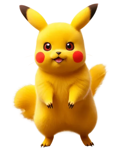 Pikachu, cute, yellow fur, red circles on cheeks, small nose, bright eyes, standing pose, energetic, electric powers, lightning bolts, soft focus, warm lighting, shallow depth of field, pastel color t