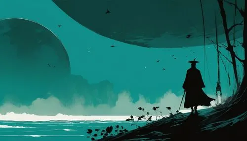 the wanderer,wander,wanderer,thatgamecompany,monk,sci fiction illustration,earth rise,monks,champloo,the horizon,scythe,explorers,emerald sea,the path,wandering,wanderers,the endless sea,archaia,digital illustration,traveler,Illustration,Paper based,Paper Based 05