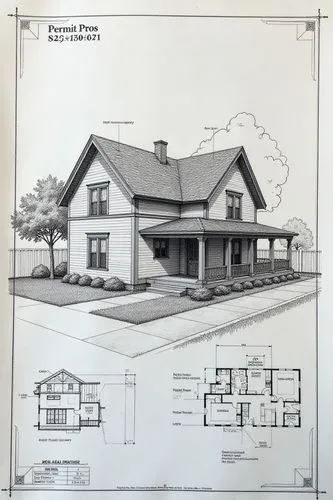 Technical Blueprint of a house , exploded view, the word "Permit Pros" at the top of the page, Technical drawing, High Tech, Make all of the labels and text in hand-drawn pencil sketch, show the floor