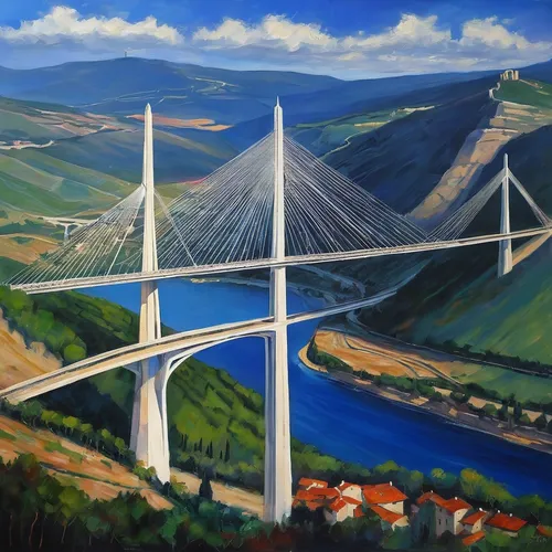 cable-stayed bridge,hohenzollern bridge,anzac bridge,rainbow bridge,santiago calatrava,bridges,danube bridge,skyway,douro valley,arco humber,douro,calatrava,pont saint-bénézet,cantilever bridge,suspension bridge,grand bleu de gascogne,spit bridge,segmental bridge,danube gorge,bridge,Illustration,Realistic Fantasy,Realistic Fantasy 30