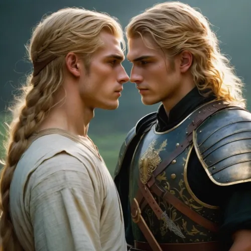 two men in knight costumes look at each other,glorfindel,finrod,shannara,noldor,valinor,frisians