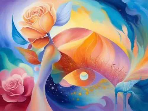 cosmic flower,flower painting,passion bloom,vibrantly,landscape rose,flowers celestial,flame flower,vibrancy,orange rose,dreamscapes,flower nectar,opalescent,colorful spiral,symbioses,harmony of color,bloomeries,floral composition,blue moon rose,dream art,lotus blossom,Illustration,Realistic Fantasy,Realistic Fantasy 01