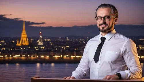 Arm architecture family, press conference, modern interior, sleek wooden podium, professional presenter, formal wear, white shirt, black tie, glasses, confident smile, detailed facial features, subtle