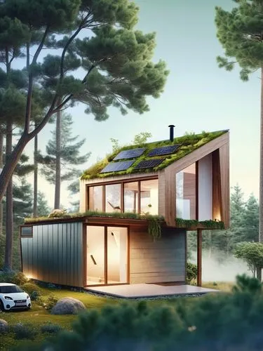 Create an illustration of a researcher's house based on my sketch design. Maximum 50 m2 and two stories. In the forest. Natural materials. With a green roof and solar panels. with a canopy for sitting