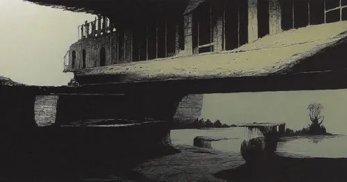 a black and white image of a bridge with water,nevelson,zumthor,soulages,kentridge,lithography,sorrentino,Conceptual Art,Daily,Daily 09